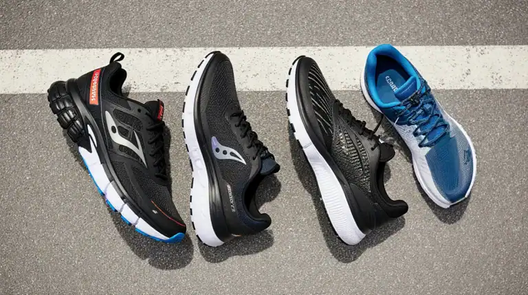 Running shoes displayed on asphalt for performance comparison.