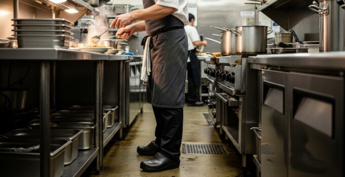 Chef cooking in a busy industrial kitchen.