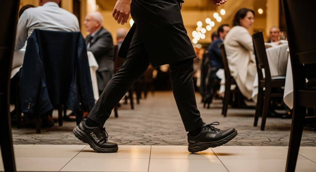Server walking in a busy restaurant dining area.