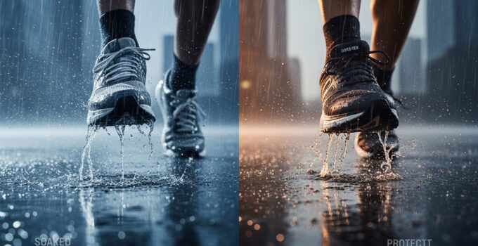 Running shoes in heavy rain, soaked versus waterproof.