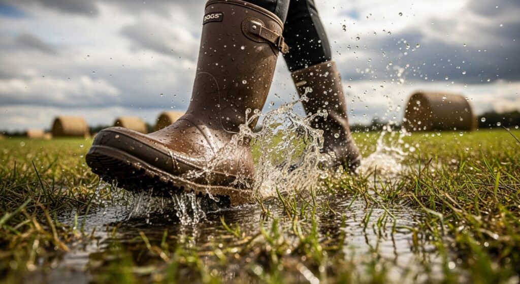 Bogs boots splashing in a muddy field.