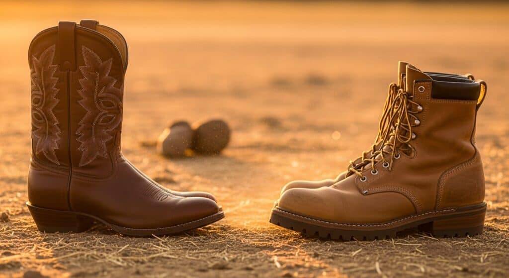 Cowboy boot vs work boot comparison on dusty ranch ground