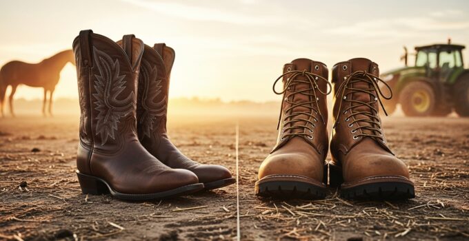 Cowboy boots and work boots on a dusty farm.