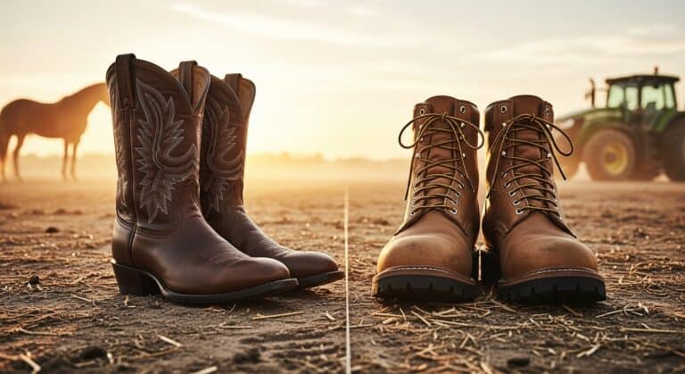 Cowboy boots and work boots on a dusty farm.