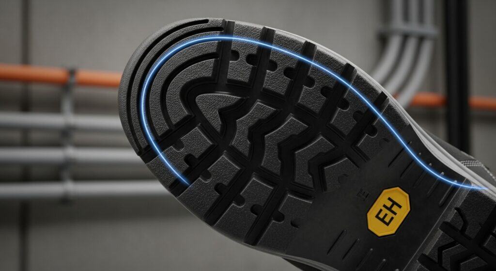 Work boot sole with electrical hazard protection symbol.