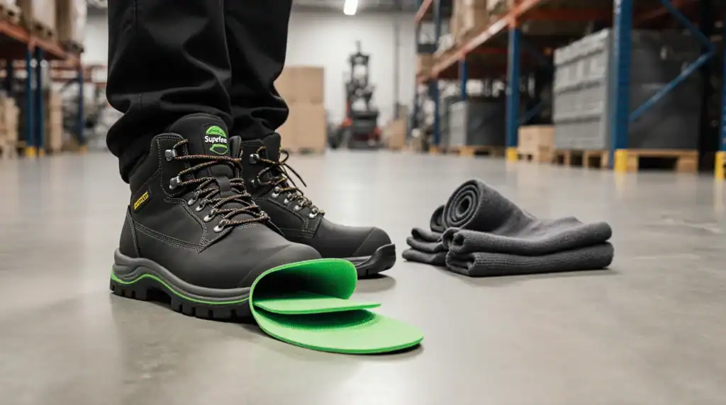 Durable black work boots with green insoles for extra comfort, perfect for industrial environments and professional safety at bootsguru.com.