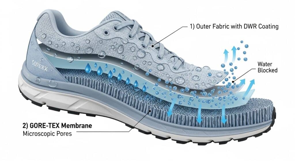 Diagram showing waterproof shoe layers with outer fabric and GORE-TEX.