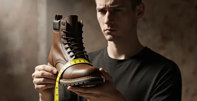 High-quality men's brown leather work boot with measuring tape for precise fit. Ideal for durability and comfort in outdoor or work settings, perfect for boot enthusiasts and professionals.