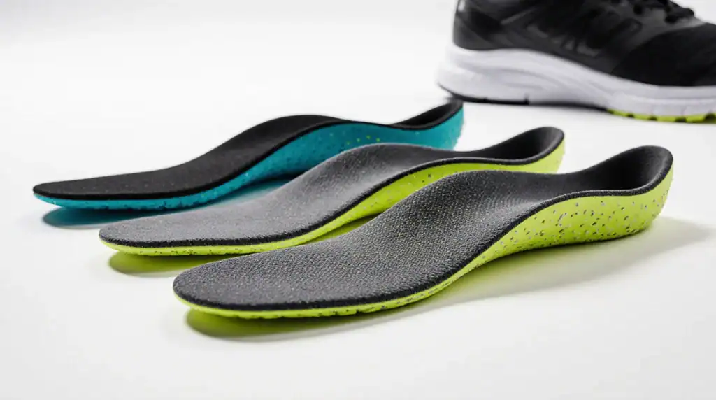 Three colorful shoe insoles in front of black sneaker.