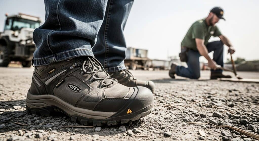 Work boots on construction site gravel.