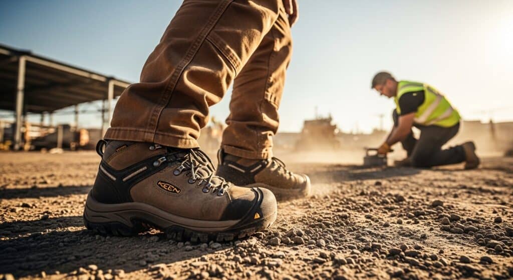Worker in boots and safety vest at construction site.