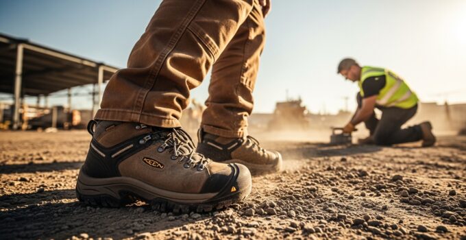 High-quality construction safety boots with sturdy soles and ankle support.
