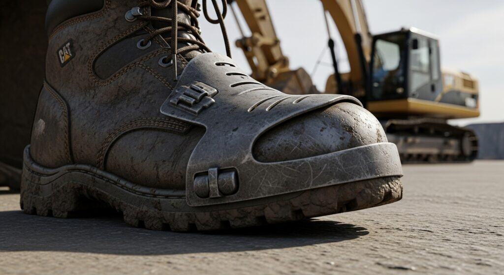 Construction boot with protective toecap on site.