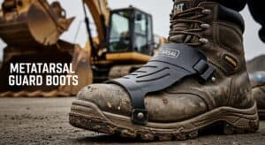 Work boots with protective metatarsal guard on construction site.