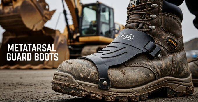 Work boots with protective metatarsal guard on construction site.