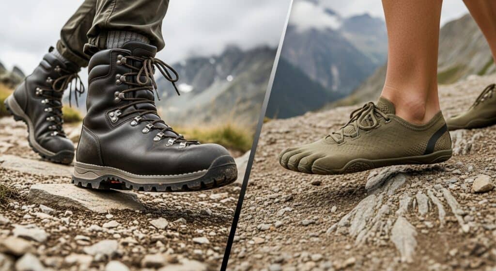 Hiking boots versus minimalist shoes on mountain trail.
