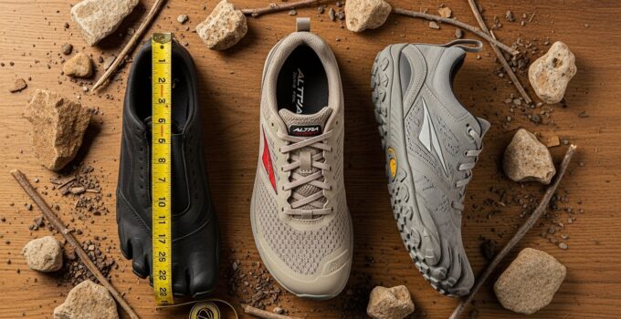 Trail shoes with measuring tape and rocks.