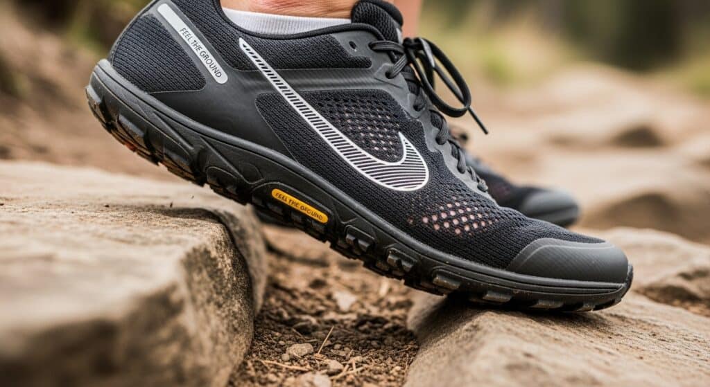 Minimalist trail running shoe with thin flexible sole on rocky mountain trail