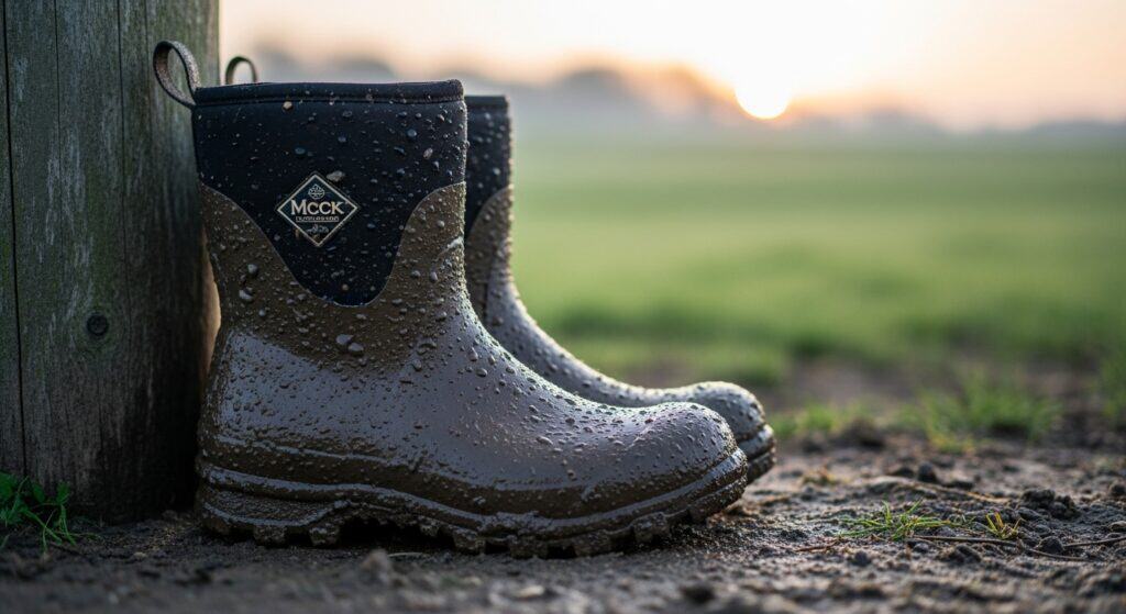 Muddy waterproof Muck boot in a rural landscape at sunset.