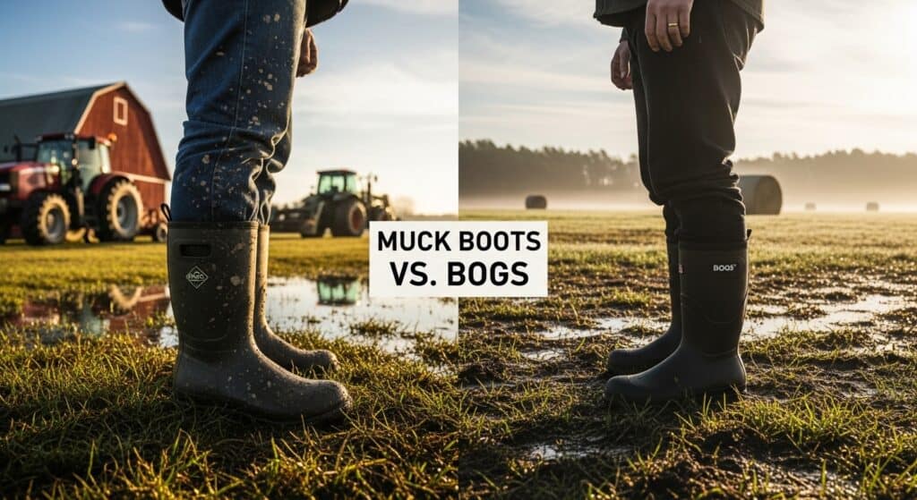 Side-by-side comparison of Muck and Bogs boots on farm.