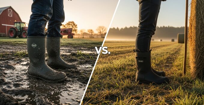 Muddy farm vs. dry field, boots comparison.