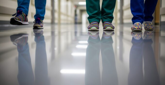 Brightly patterned children's shoes worn by kids in hospital corridor, reflecting on the shiny floor. Suitable for pediatric care, emphasizing comfort and style in kids' footwear.