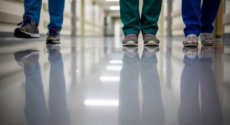 Brightly patterned children's shoes worn by kids in hospital corridor, reflecting on the shiny floor. Suitable for pediatric care, emphasizing comfort and style in kids' footwear.