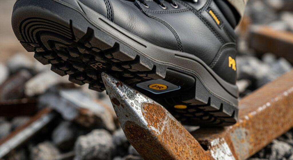 Sturdy work boot stepping on sharp metal object.