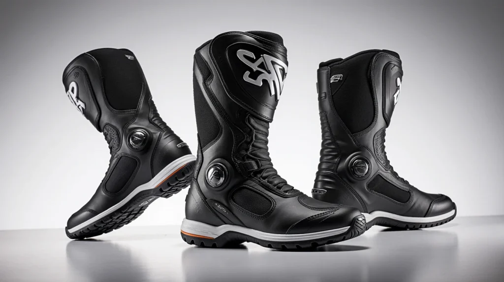 Black motorcycle boots on a neutral background.