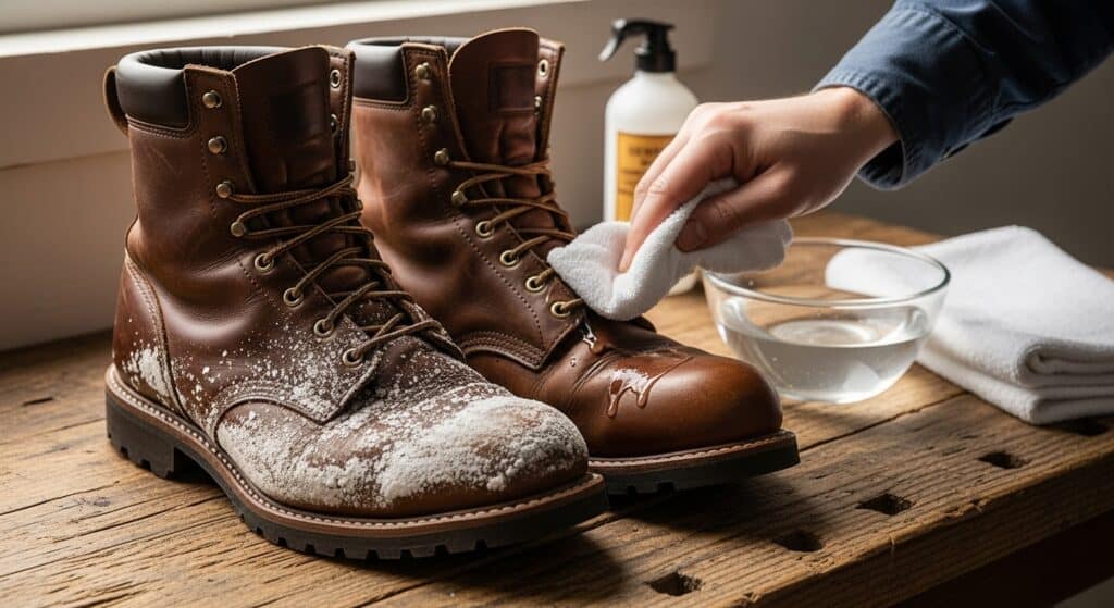 Cleaning leather boots with cloth to remove stains.