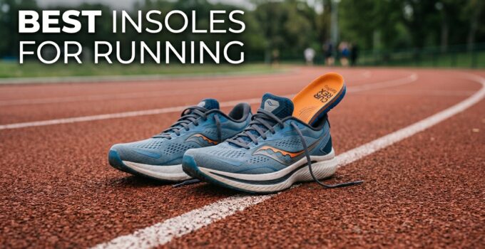 Comfortable running shoes with supportive insoles on a track, highlighting the importance of proper footwear for runners.