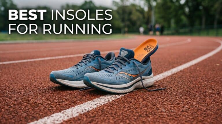 Comfortable running shoes with supportive insoles on a track, highlighting the importance of proper footwear for runners.