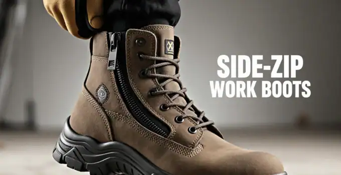 Brown work boots with side zipper, durable and rugged.