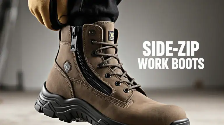 Brown work boots with side zipper, durable and rugged.