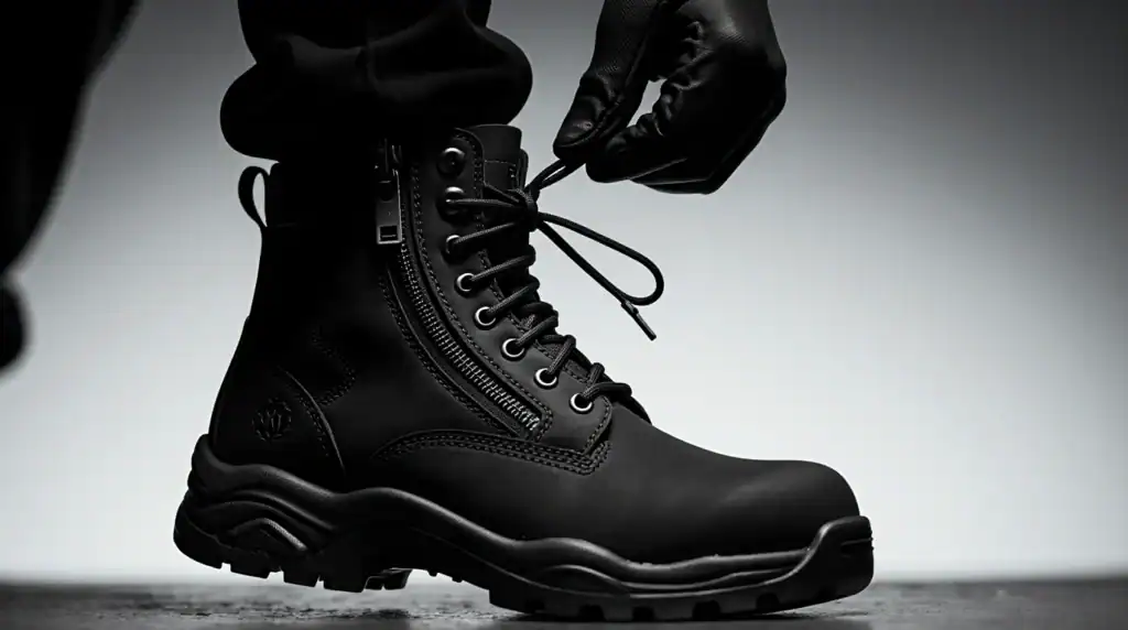 Black boots with zipper and shoelaces being tied.