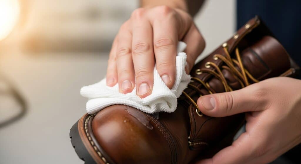 Cleaning leather boots with white cloth for maintenance.