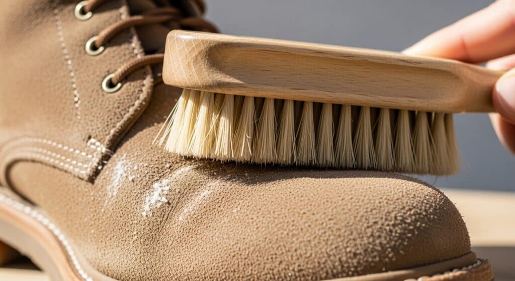 Brushing tan suede boot with wooden brush.