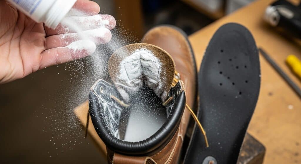 High-quality brown work boots and insoles with shoe brush and adhesive tools in the background.