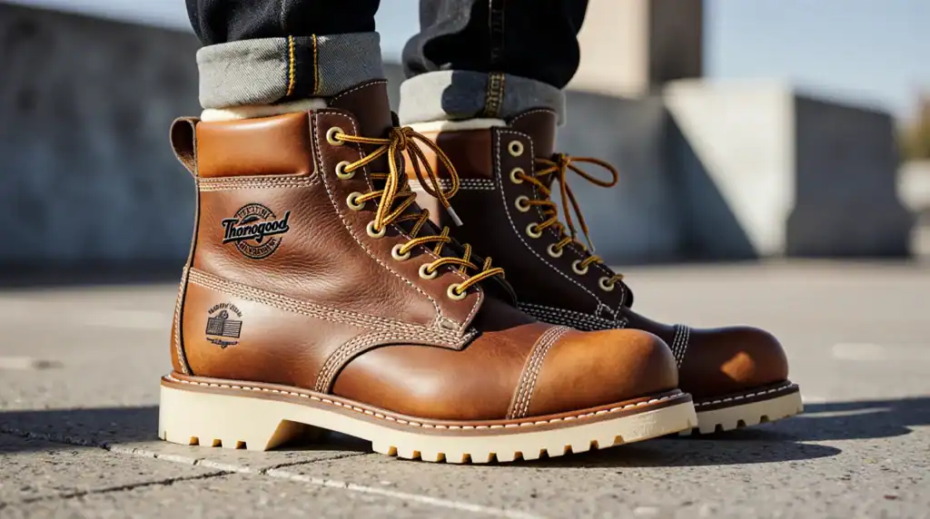Brown leather Thorogood moc toe work boots on pavement.