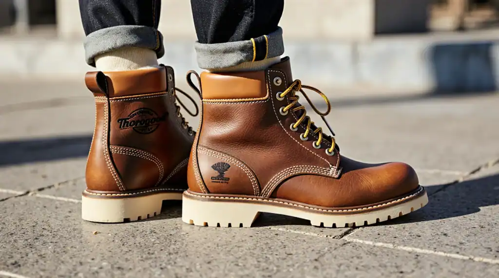 Side profile of a Thorogood moc toe boot on a sidewalk.