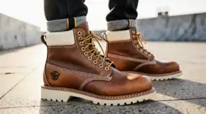 Brown leather work boots on outdoor pavement.