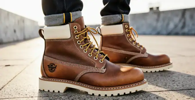 Brown leather work boots on outdoor pavement.