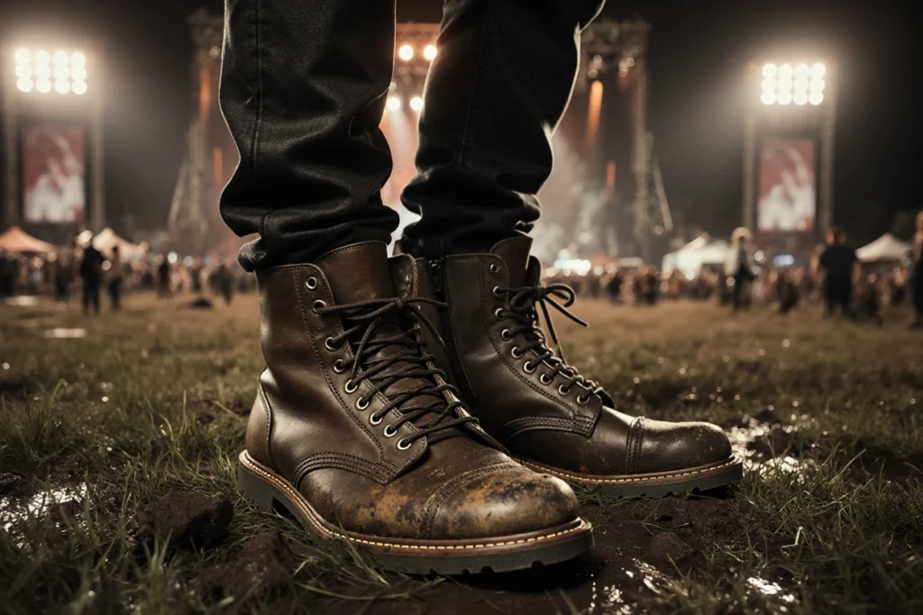 Close-up of brown leather boots at concert