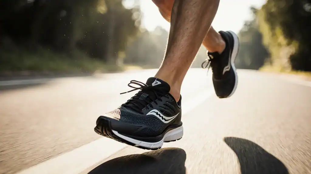 Running shoes in motion on sunny road.