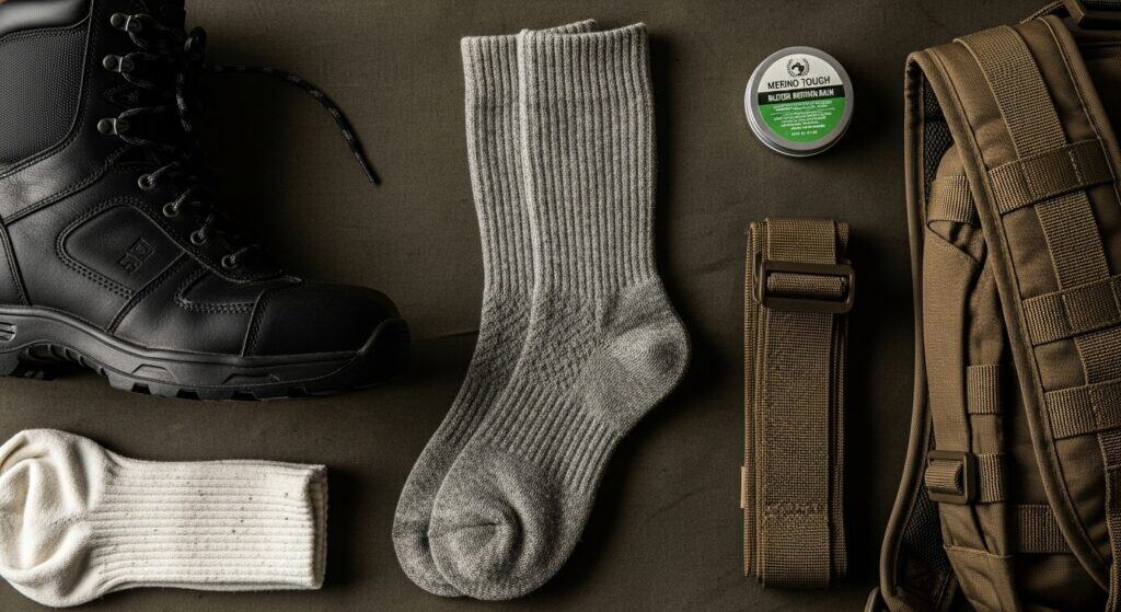 A pair of tactical socks next to a pair of trail running socks.