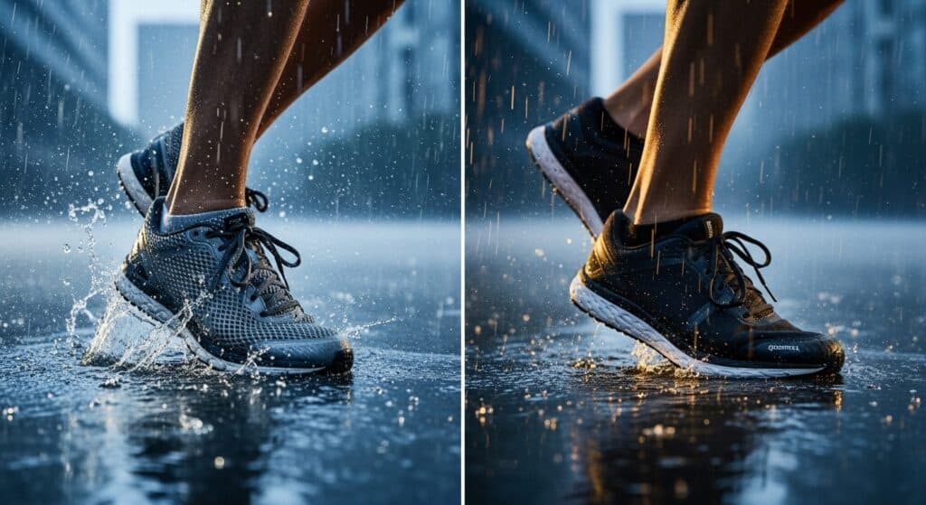 Running shoes splashing water during rainy walk.