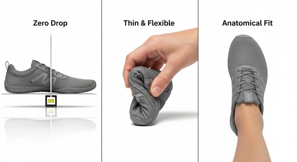 Diagram showing zero drop platform, thin sole, and wide anatomical toe box of minimalist hiking shoe