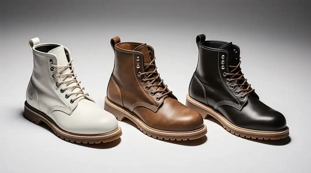Comparison shot of White Kloud, Clinch, and John Lofgren boots showing craftsmanship details