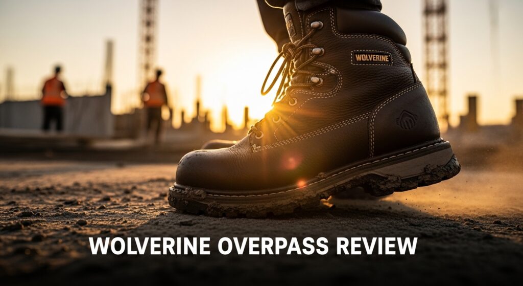 Close-up of Wolverine Overpass work boot outdoors.
