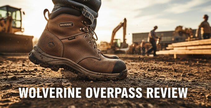 Close-up of Wolverine Overpass work boots in dirt